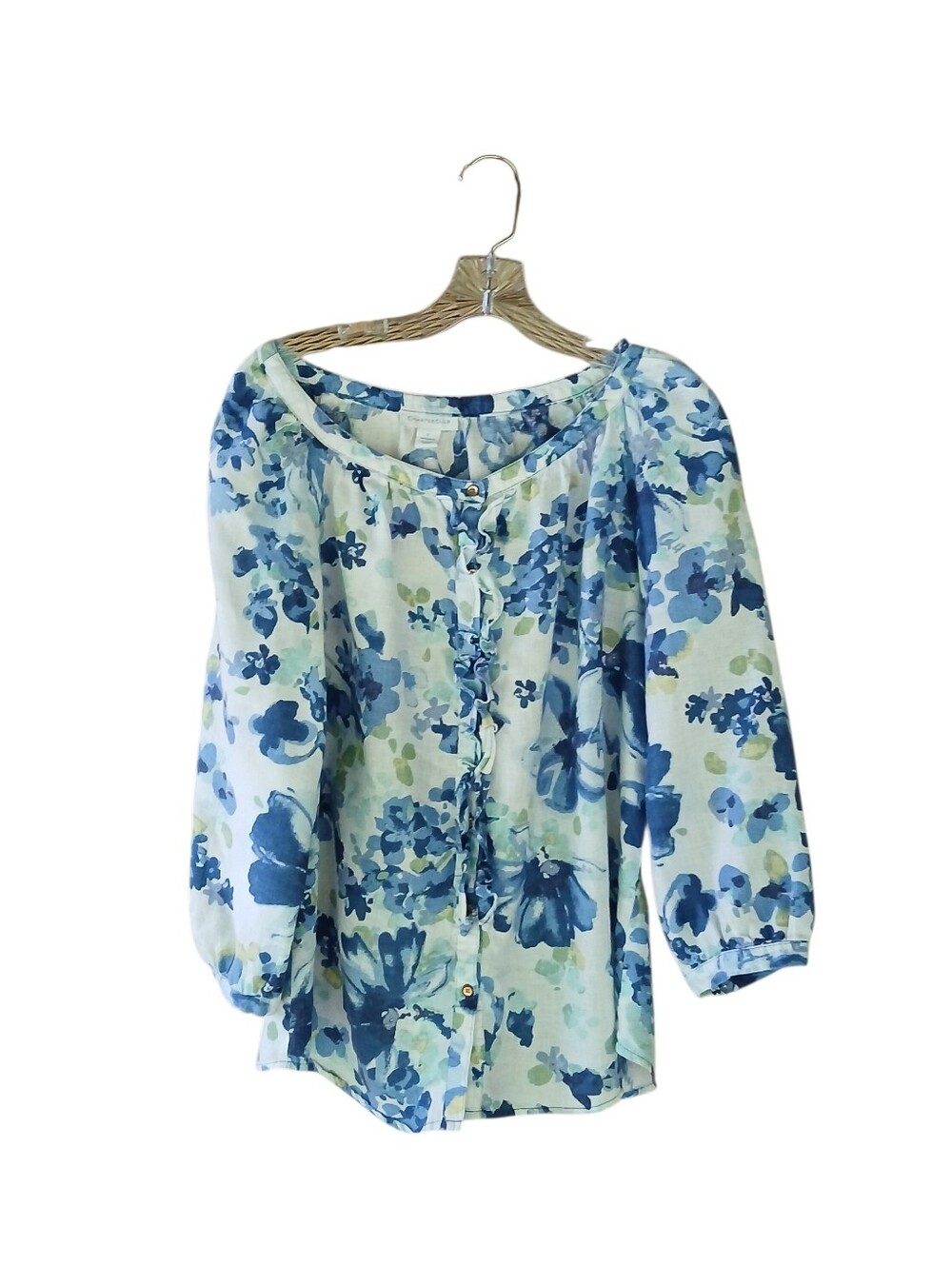 Charter Club Blue & White Floral Ruffle Front Button Down Linen Shirt Large